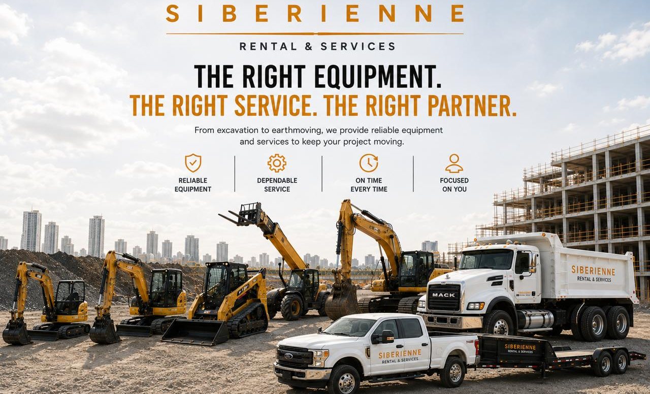 The Siberienne fleet lined up: mini and mid-size excavators, compact track loader, telehandler, Mack dump truck, pickup and equipment trailer
